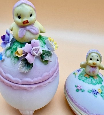 Vintage Porcelain Easter Egg Trinket Box Set Chick Figurines Floral Eggs