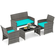 4PCS Patio Conversation Set w/Seat Cushions & Tempered Glass Tabletop, Outdoor