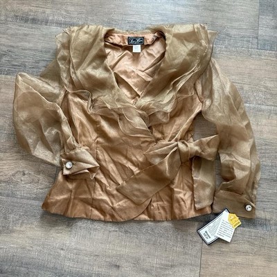 NWT Lori Max New York Gold Shimmer Ruffle Wrap Blouse Medium Vintage Glam Party