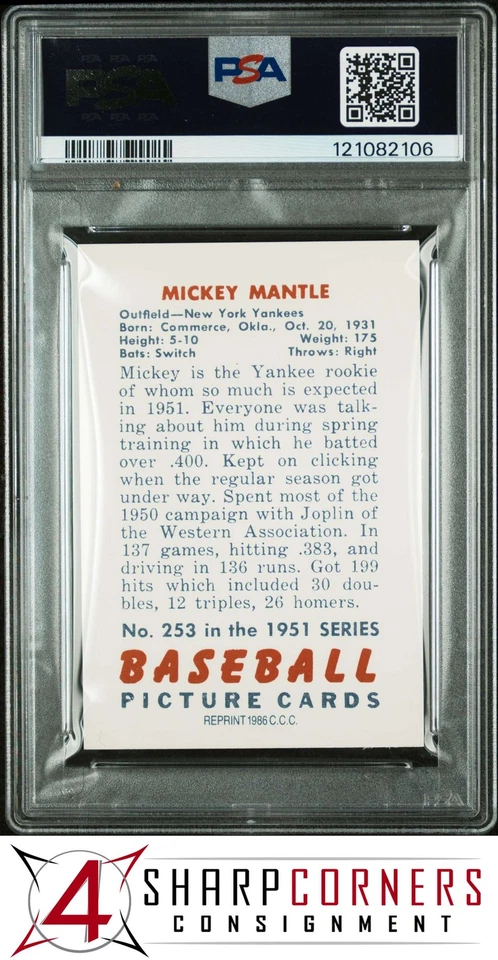 1986 C.C.C. CARD COLLECTORS COMPANY #253 MICKEY MANTLE REPRINT '51 BOWMAN PSA 8 - Image 2 of 2