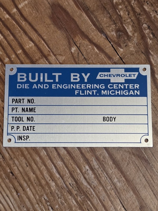 Vintage Chevrolet Flint Die And Engineering Center Machine Tag/Plate. NOS