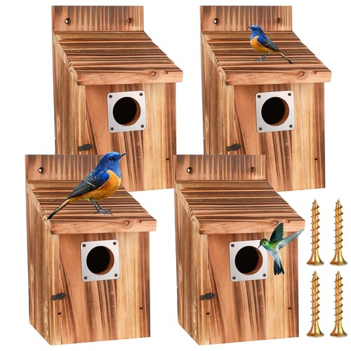 4-Piece Outdoor Bird House Set, Bird Houses for Outside with Metal Guards, Sa...