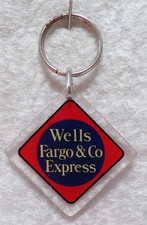 VINTAGE WELLS FARGO BANK & COMPANY EXPRESS KEY CHAIN RING WITH CLEAR RESIN FOB