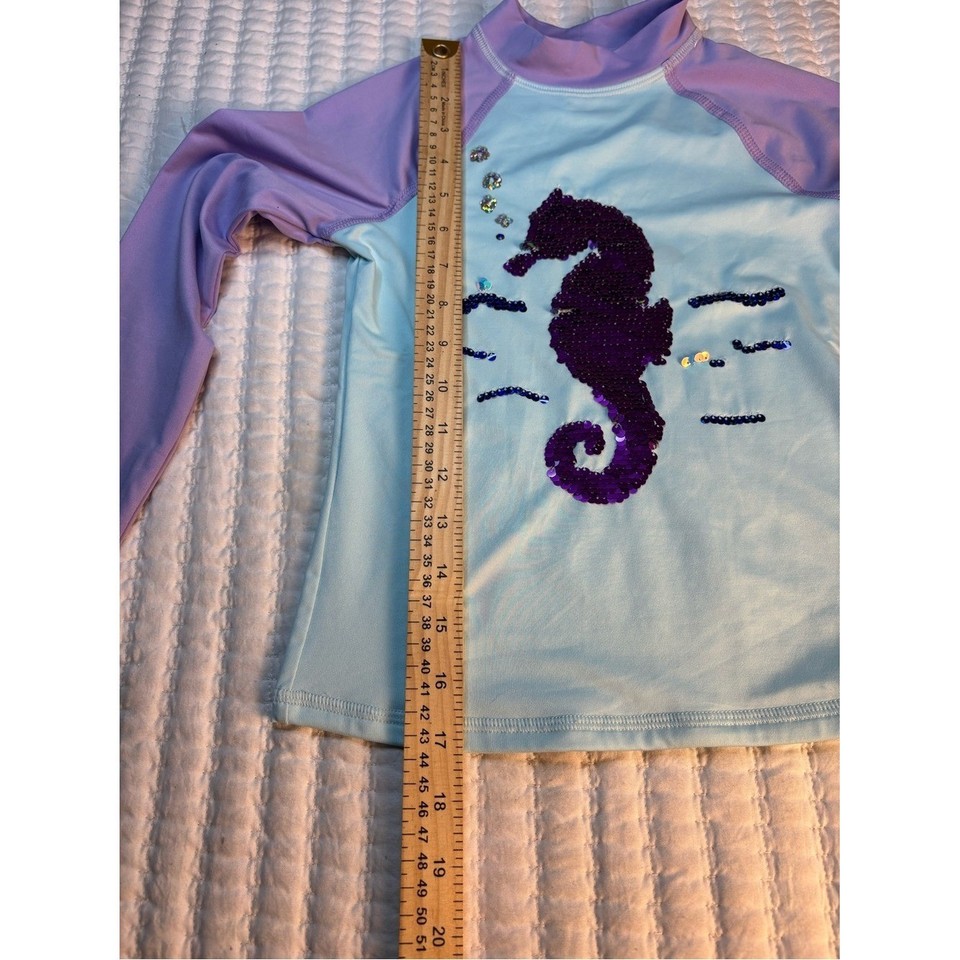 Lands' End Girls Small 6-7 Seahorse Rash Guard Swim Top UPF Purple Aqua ...