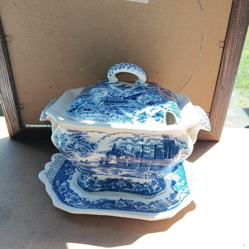 Antique Blue & White Tureen W Lid And Underplate RARE