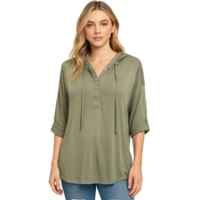 NEW POL Small Green Henley Style Hooded Top Crochet Trim Drop Shoulder Lace Trim