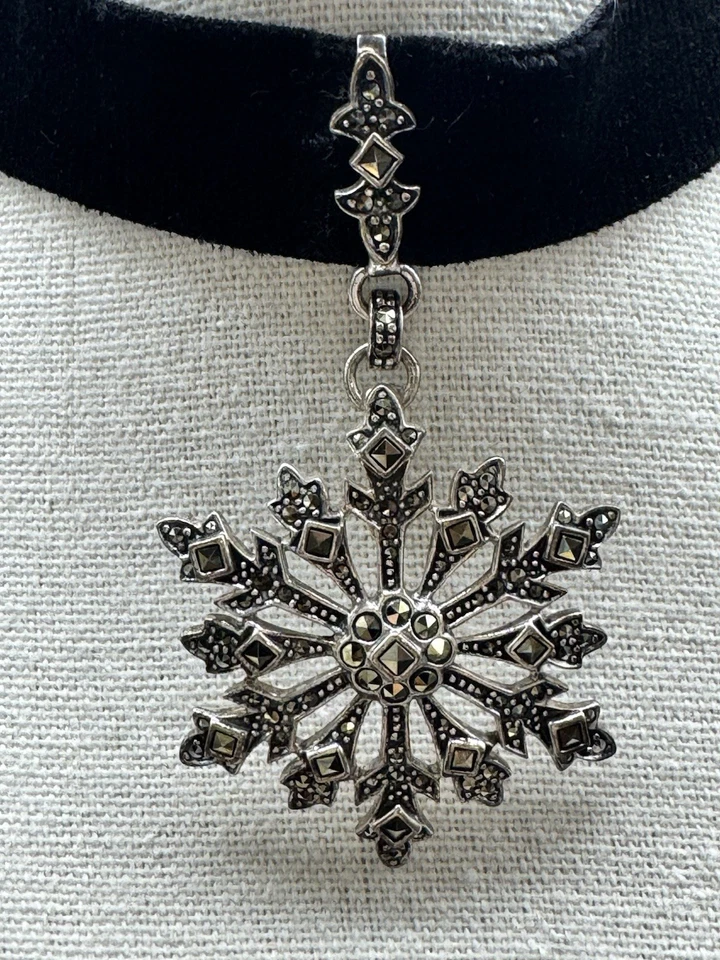 925 Silver Snowflake Pendant Velvet Choker Gothic Vintage Thailand Foto 2 de 4