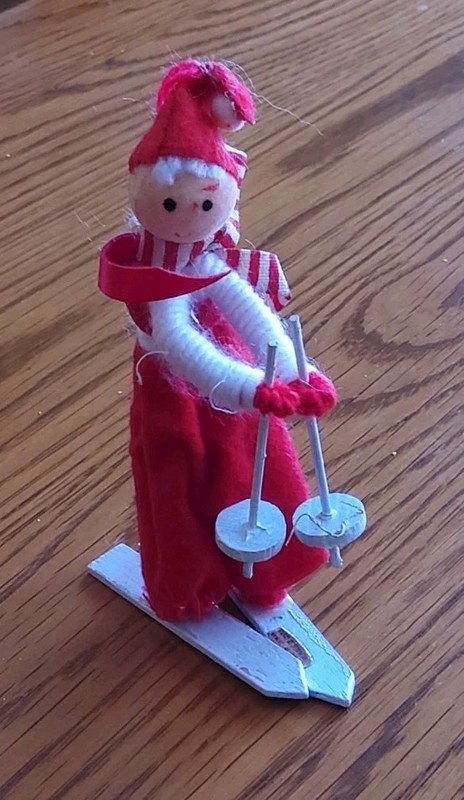Vintage Yarn Wrapped Skier Wood Ornament