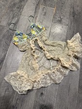 Floral Sheer Vtg Lace Ruffle Mesh Babydoll Open Slit Lingerie Cross Back Slip