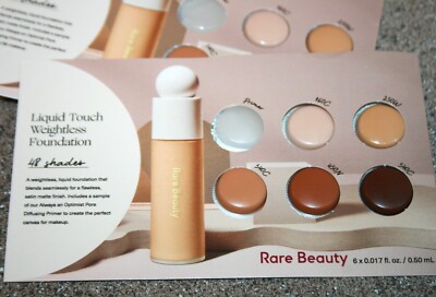 3 x Rare Beauty Liquid Touch Weightless Foundation Primer Concealer Sample Cards 3 x Rare Beauty Liquid Touch Weightless Foundation Primer Concealer Sample Cards