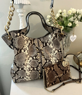 Michael Kors Brown Leather Python Snake Shoulder Handbag & Wallet Crossbody Set