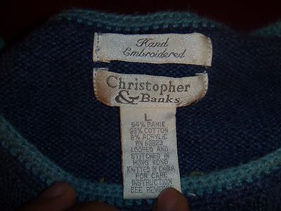 CHRISTOPHER & BANK S BLUE YELLOW FLOWER HAND EMBROIDERED KNITTED T