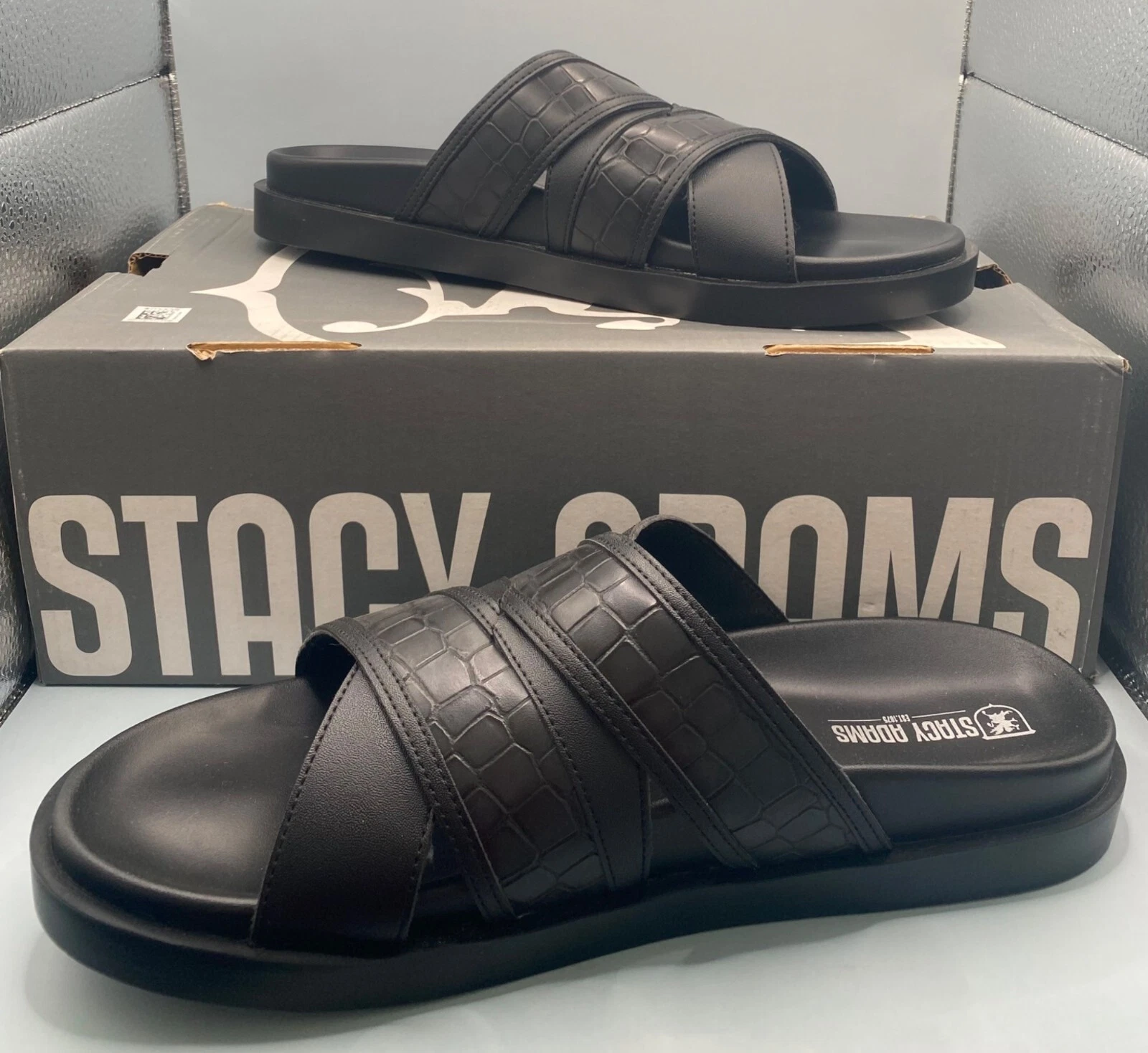 Stacy Adams Mens Black Mondo Open Toe Cushioned Slide Sandals NWB