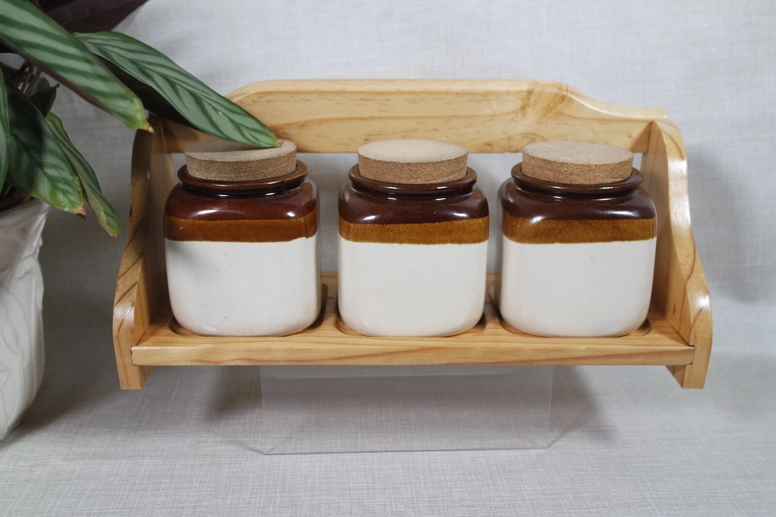 Vintage Pine Rack Storage Shelf with Three Stoneware Jars with Cork Lids