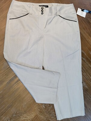 NWT SHARAGANO CAPRI PANTS CREAM WITH BLACK PINSTRIPE, EMBROIDERED POCKETS, SZ 14