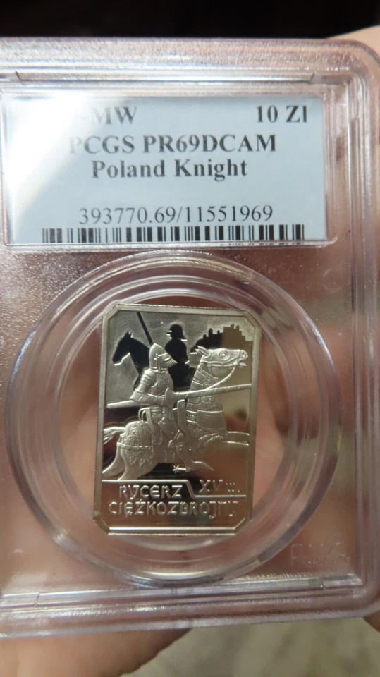 Caballero rectángulo montado caballería polaca Polonia 10 zlotych plata graduación profesional PR69 2007 Foto 3 de 4
