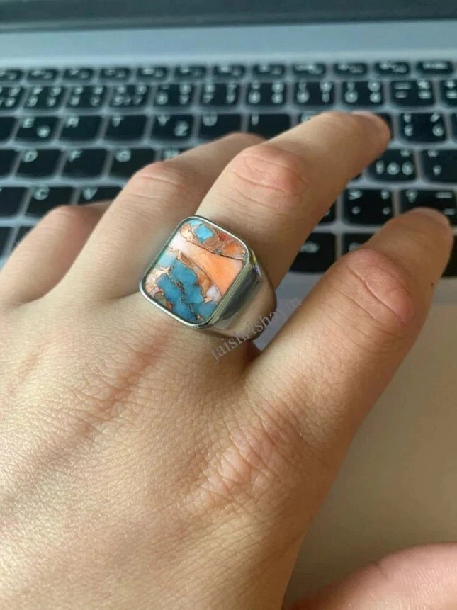 Anillo turquesa ostra cobre plata esterlina 952 anillo para hombre regalo para él Foto 2 de 4