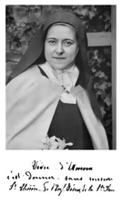 Relic and 3 Holy Cards 1 with Prayer by St. Therese, & a 1" Medal of St. Therese