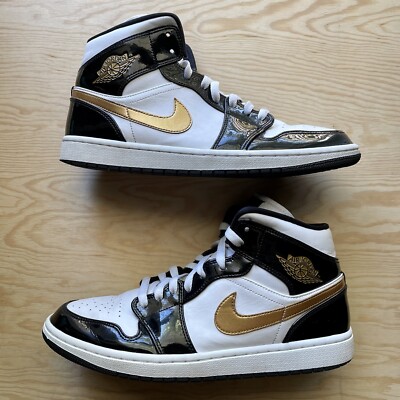 Nike Air Jordan 1 Mid Patent Black White Gold Size 11 (852542-007