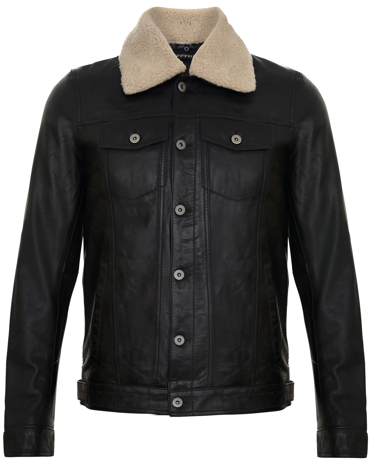 Men's Black Leather Jacket Trucker Removable Sheepskin Collar Casual Jeans