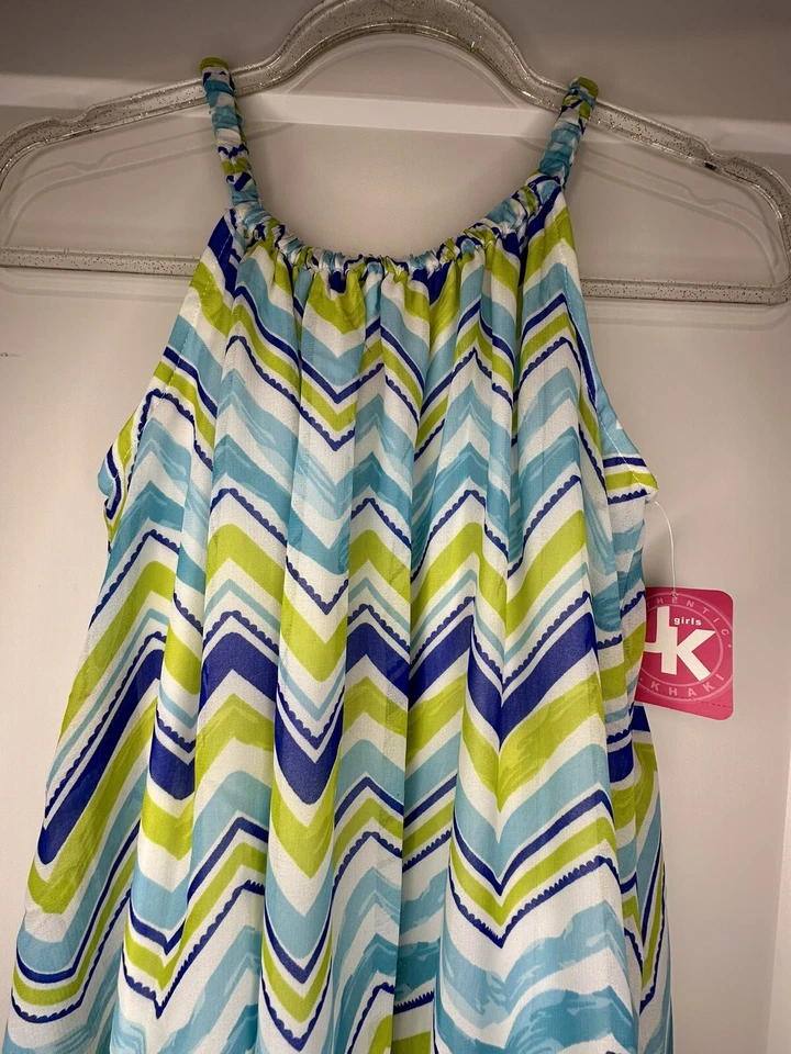 NWT- J Khaki Girls Size Medium Blue & Lime Chiffon Sleeveless Party Church Dress - Image 3 of 4