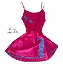 Secret Possessions Pink Satin Full Slip Blue Lace Trim Size 12 EU 40