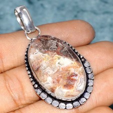 925 Silver Plated Pretty Mexican Laguna Lace Pendant Gemstone 2.1" GW