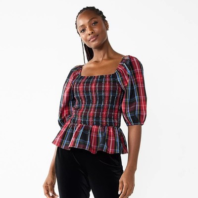 Draper James RSVP Top Womens Red Plaid Smocked Peplum Elbow Sleeve, Size XL  NWT