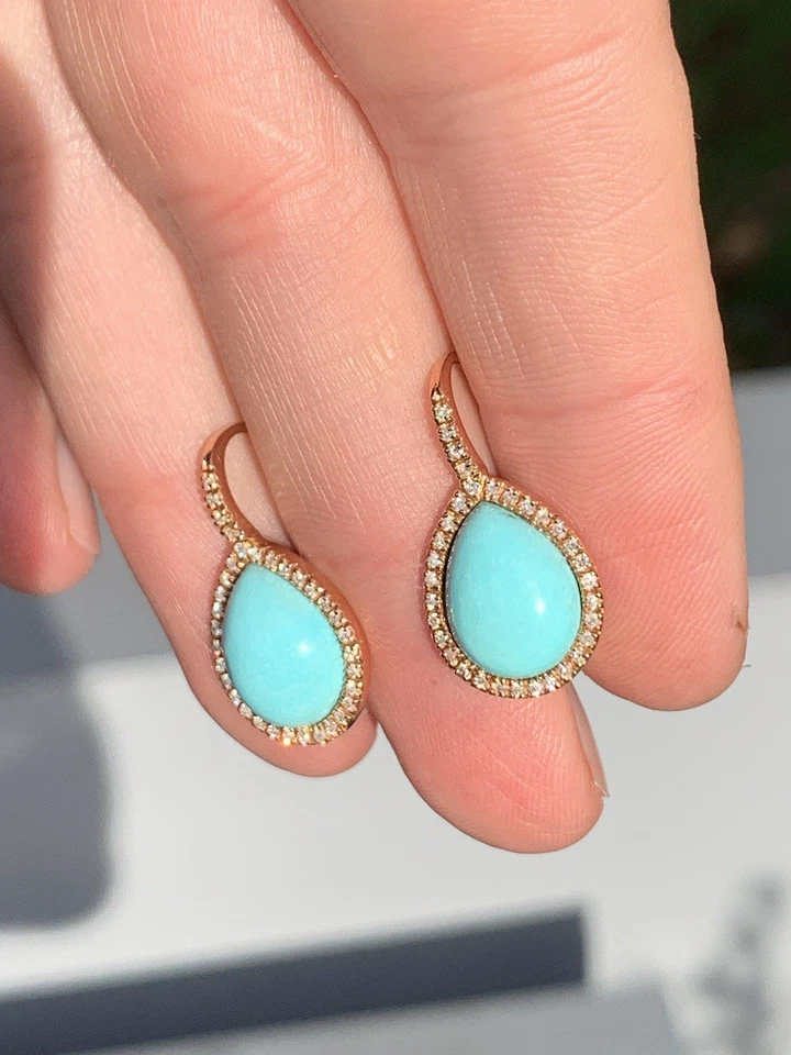 18Ct Rose Gold Diamond Turquoise Italian Exceptional ￼Drop Earrings 5.4 G - Image 4 of 4