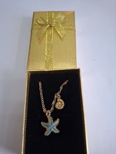 Gold Tone Necklace with Blue Enamel Starfish and shell Charm Pendant - Handmade