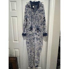 Harry Potter Hogwarts Fleece Union Suit Pajamas Blue Grey Medium One Piece Zip