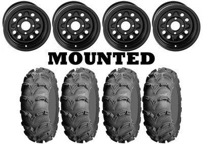 Kit 4 ITP Mud Lite XL Tires 26x9-12/26x12-12 on Quadboss Steely Black Wheels SRA