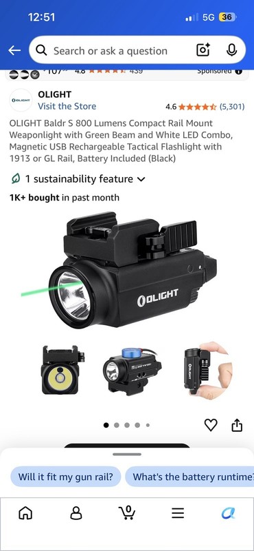 OLIGHT Baldr S 800 Lumens Weapon Light White/Green Laser USB Rechargeable Black