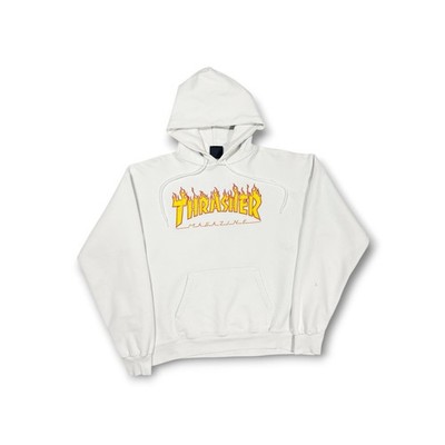Y2K Thrasher Magazine White Flame Graphic Pullover Hoodie (M)