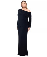 Betsy & Adam Plus Size Gown 18W Black One Shoulder Beaded Cuff Formal Ruched
