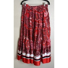Ralph Lauren LRL Womens M Maxi Skirt Red Paisley Tiered Boho Festival Western