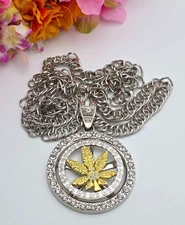 Iced Out Cannabis Leaf Spinner Pendant Necklace Two Tone Rhinestone 31 in Weed