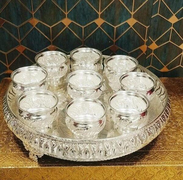 Bandeja de designer grande prata alemã com conjunto de tigela grande para pooja/bandeja de lanches/sobremesa - Imagem 2 de 2