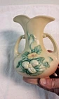 vintage Hull Art Pottery 2 Handle Vase W8 7-1/2 with Wild Flowers & Green Leaves