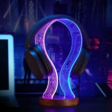Headphone Stand Headset Holder Blue Pink LED Night Light Walnut Wood Gamers