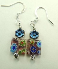 Mill1fiori Flower Dangle Earrings Blue Czech Flowers Handmade Jewelry