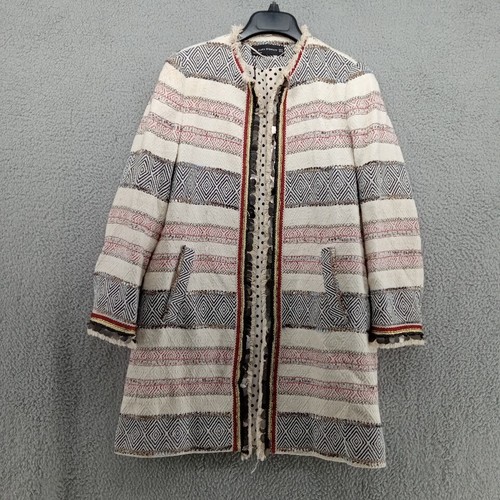 Zara Jacket Womens Medium White Red Blue Geometric Aztec BoHo Reverse Dye Woven