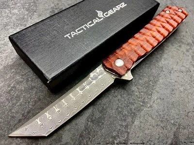 Damascus Tanto EDC Pocket Knife! Rosewood Handle! Ball Bearing Pivot System!