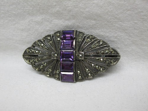 Amethyst Marcasite Sterling Silver Pin Brooch Vtg Old Antique Purple 5 Stone 925 - 第 3/7 張圖片
