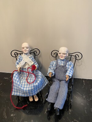 Antique/Vintage Old Couple Small Dolls and Furniture- Rocking Chair 