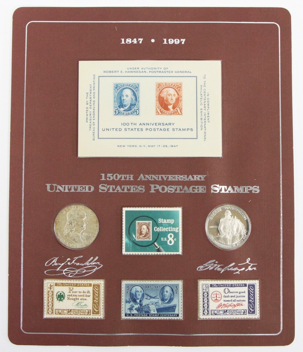 3184 外国切手 アメリカ 1997年 米国初の切手150周年記念シート 1847- 1997 150th Anniversary US Postage Coin & Stamps Set