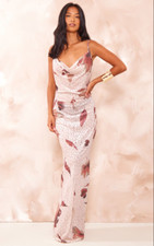 PRETTY LITTLE THING Petite Floral Flocked Mesh Cowl Neck Maxi Dress UK 12 NEW