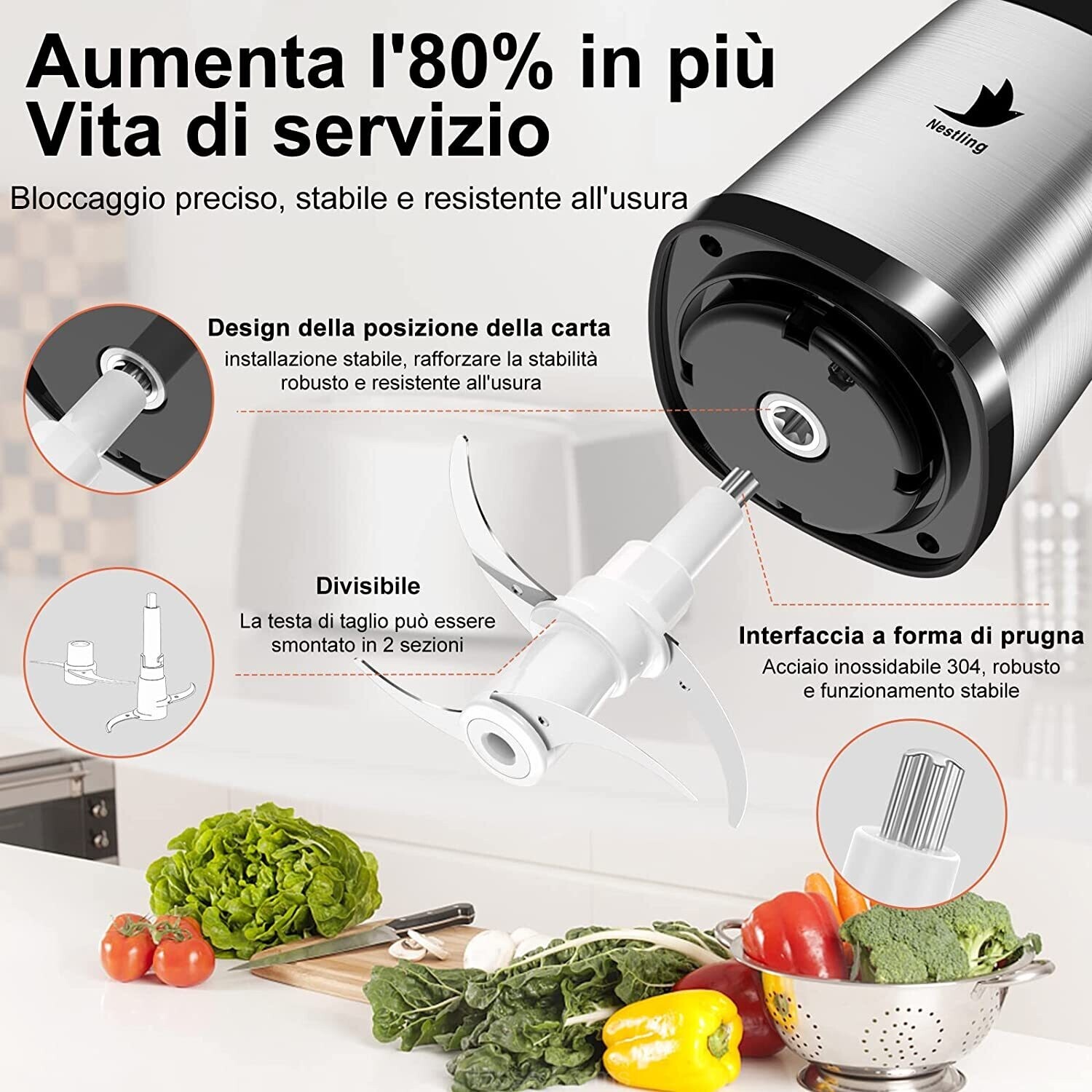 Frullatore Tritatutto da Cucina Elettrico Mixer Ciotola in Acciaio Inox Robot foto 2