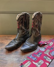 Vintage 1950s Children  s Cowboy Boots White  Red Raging Bull Inlay Neolite Sole