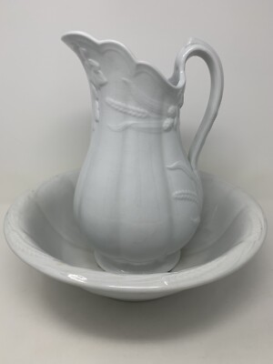 ANTIQUE EDWARD PEARSON LARGE WHITE 12'' IRONSTONE PITCHER & BASIN COBRIDGE